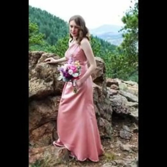 David's Bridal Pink One Shoulder Bridesmaid Dress Size 4 - Picture 3 of 12